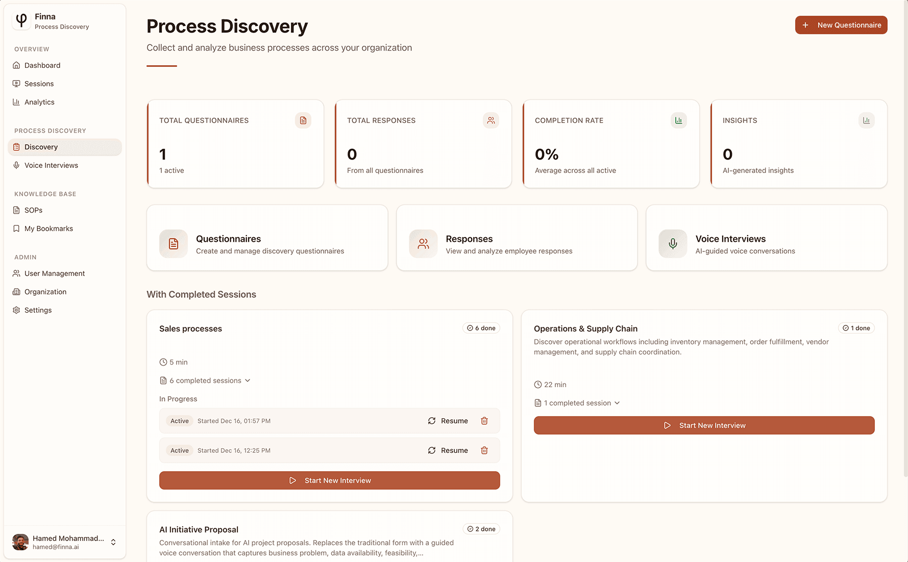 Finna AI Discovery Interviews Dashboard